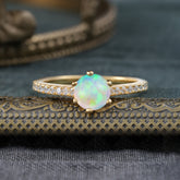 6-Prong Classic Round Cut Opal Engagement Ring Pave Bridal Ring